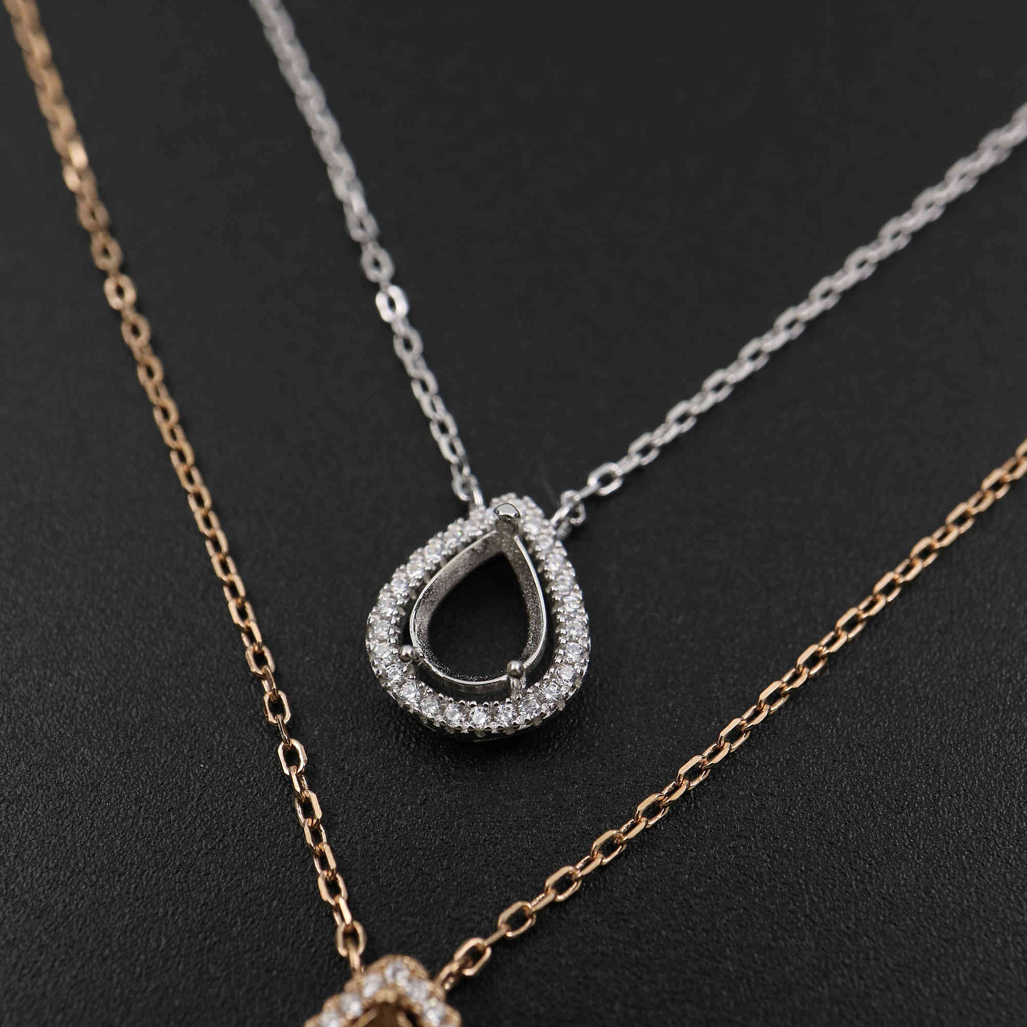 1Pcs 6X8MM Pear Bezel Halo Pave Pendant Settings Rose Gold Plated Solid 925 Sterling Silver Necklace 16Inches +2 Inches Extension DIY Gemstone Supplies 1431046 - Click Image to Close